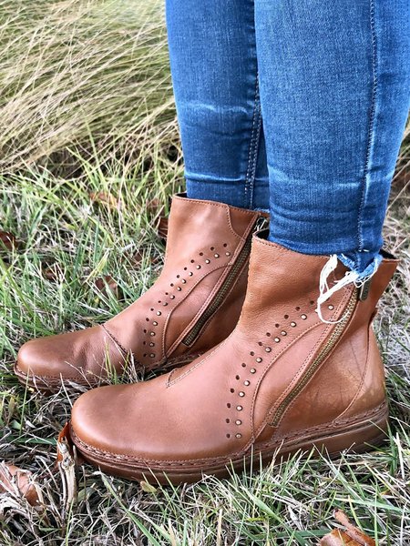 

Vintage Rivet Decor Double Zip Up Boots, Brown, Boots