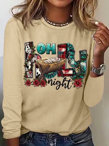 

Women's Oh Holy Night Christmas Religion Graphic Print Crew Neck Casual Top, Khaki, Long sleeves