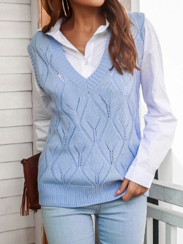 

V Neck Casual Regular Fit Sweater, Blue, Sweaters