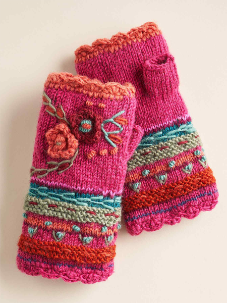 

Casual Yarn/Wool Yarn Floral Gloves, Rose red, Women Gloves