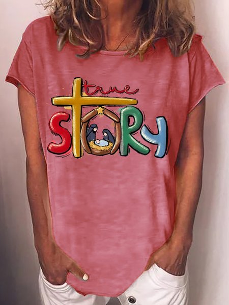 

Women's True Story Christmas Nativity Jesus Christian Christmas Casual T-Shirt, Red, T-shirts