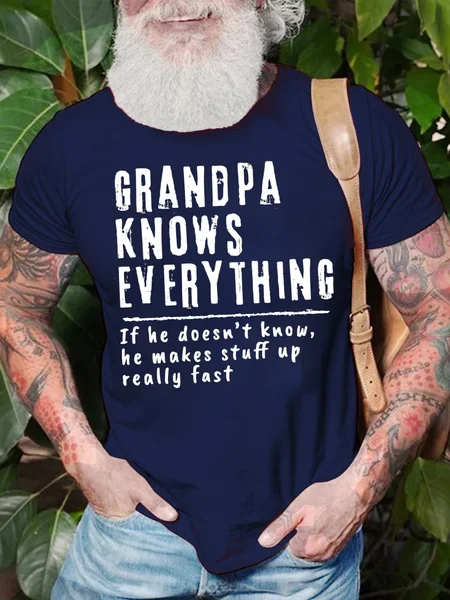 

Men's Grandpa Knows Everything If He Does Not Know Funny Graphic Print Text Letters Loose Casual Cotton T-Shirt, Purplish blue, T-shirts