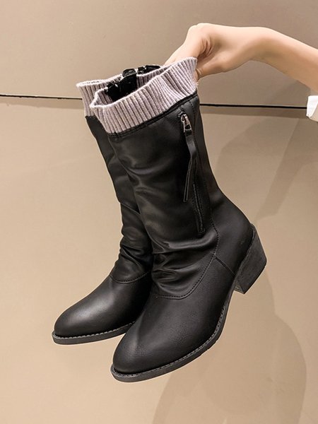 

Vintage Wool Knitting Stitching Pleated Synthetic Leather Thick Heel Boots, Black, Boots