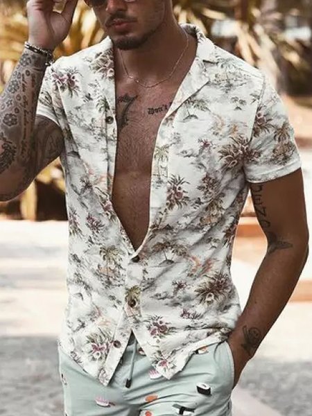 

Tropical Chest Pocket Short Sleeve Resort Shirt, As picture, Men Shirts