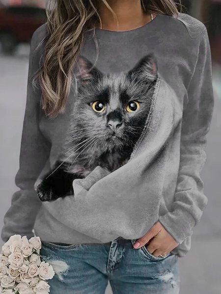 

Cat Crew Neck Raglan Sleeve Casual Sweatshirt, Gray, Sweatshirts & Hoodies
