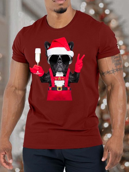 

Men’s Merry Christmas Dog Wine Casual Crew Neck Christmas T-Shirt, Red, T-shirts