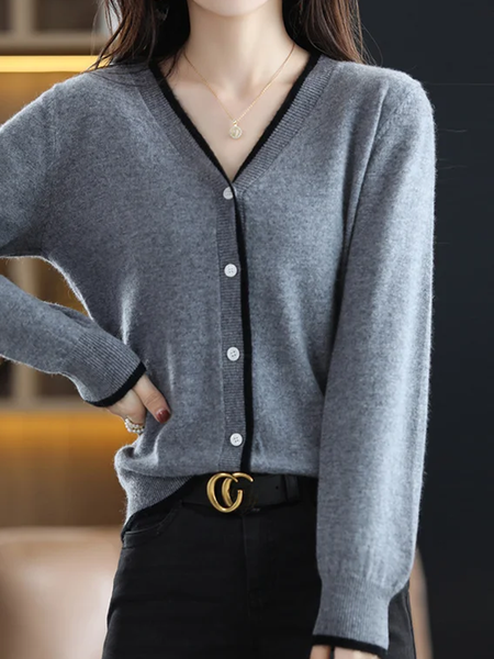 

Color Block Urban Loose V neck Long sleeve Sweater Coat, Gray, Cardigans
