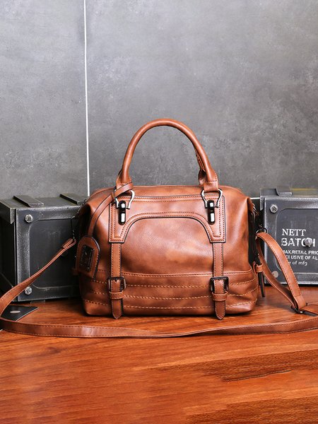 

Vintage Buckle Soft Leather Boston One Shoulder Crossbody Tote Bag, Brown, Women's Bags