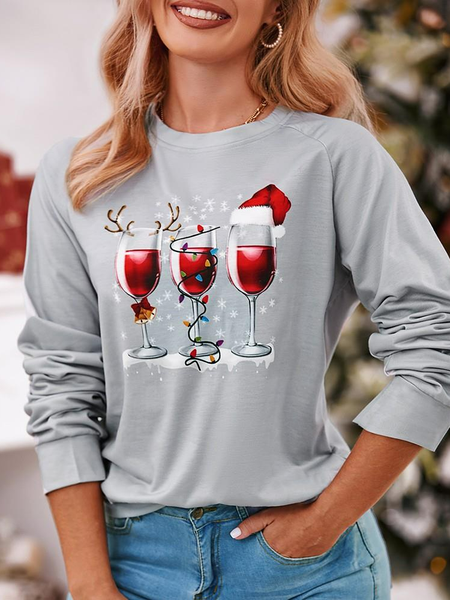 

Christmas Hat Wine Glass Print Long Sleeve Sweatshirt, Gray, Sweatshirts & Hoodies