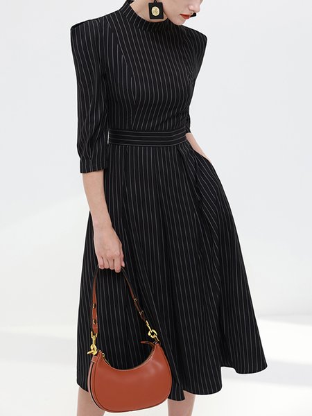 

Elegant Striped Regular Fit Stand Collar Midi Dress, Black, Midi Dresses