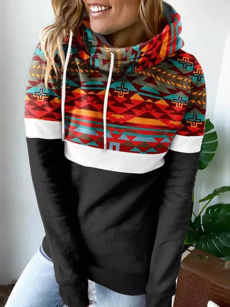 

Aztec Geometric Color Block Drawstring Hoodie, Multicolor, Sweatshirts & Hoodies