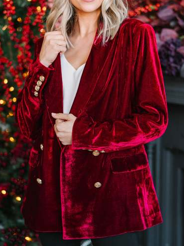 

Loose Lapel Collar Plain Casual Teddy Jacket, Wine red, Coats