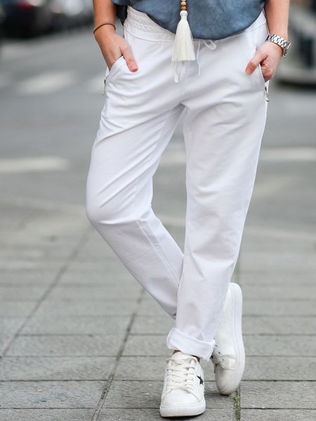 

Loose Casual Plain Zipper Sweatpants, White, Pants