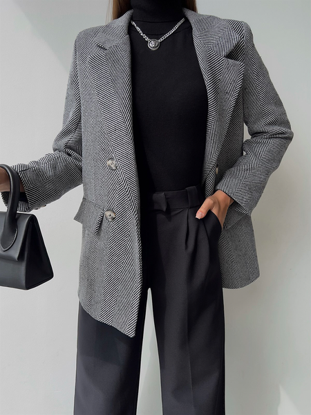 Lapel Collar Striped Urban Long sleeve Loose Blazer, Gray, Blazers