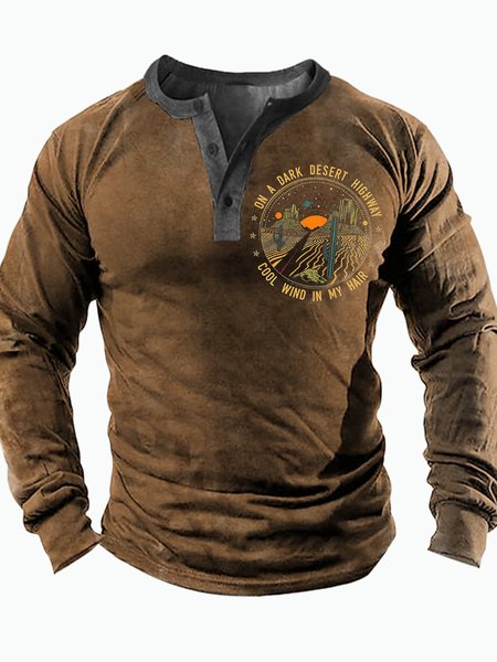 

Men's On A Dark Desert Highway Cool Wind In My Hair Funny Go Hiking Graphic Print Text Letters Half Turtleneck Regular Fit Casual Top, Khaki, Long Sleeves