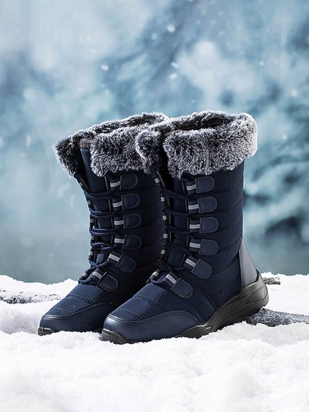 

Plus Size Non-Slip Furry Lined Lace-Up Outdoor Boots, Deep blue, Boots