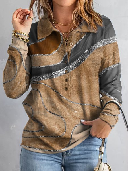 

Loose Casual Abstract Shawl Collar Top, Multicolor, Tops