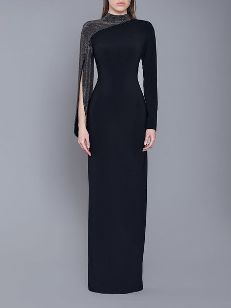 

Elegant Regular Fit Half Turtleneck Color Block Party Dress, Black, Maxi Dresses