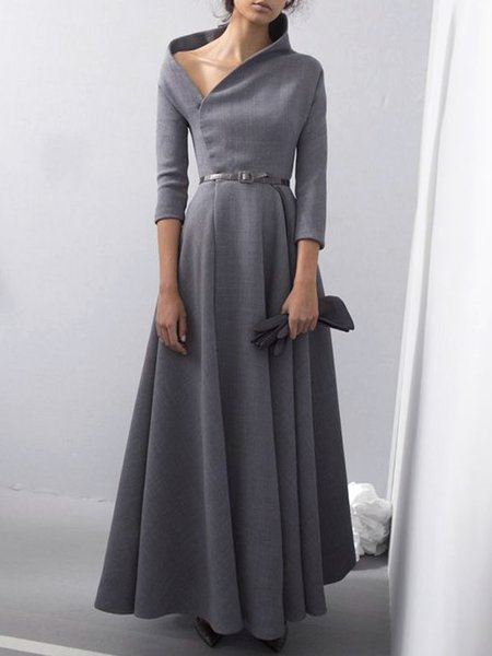 

Regular Fit Plain Asymmetrical Elegant Long Party Dress, Gray, Maxi Dresses