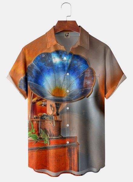 

Gramophone Chest Pocket Short Sleeve Shirt, Blue, Men Shirts