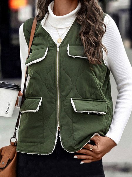 

Plain Pocket V-Neck Casual Zipper Vest, Army green, Vests & Gilets