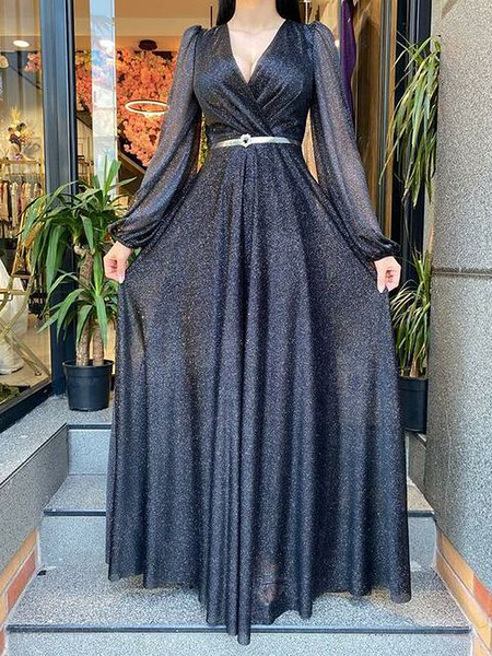 

Plain Regular Fit Elegant V neck Long sleeve Long Party Dress, Black, Maxi Dresses