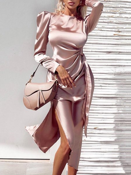 

Regular Fit Crew Neck Elegant Long sleeve Party Dress, Pink, Midi Dresses