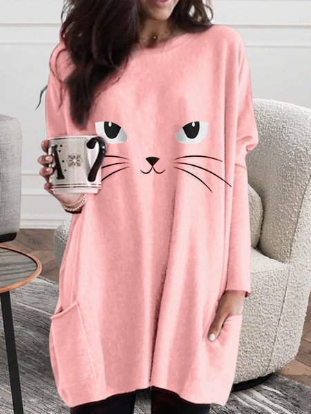 

Casual Cat Autumn High Elasticity Daily Loose Long sleeve Crew Neck Regular T-shirt for Women, Pink, Tunics