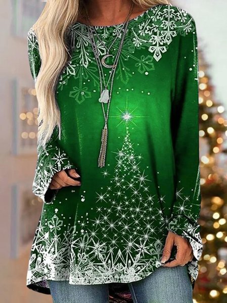

Women's Christmas Snowflake Loose Casual long sleeve Tunic Tops, Green, T-Shirts