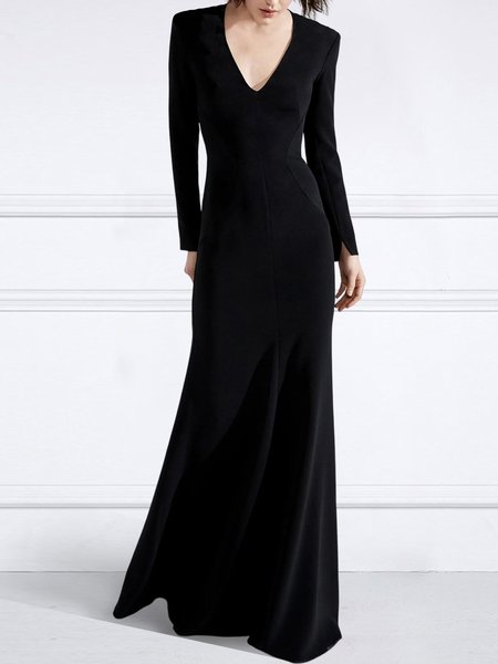 

Regular Fit V Neck Elegant Plain Long Party Dress, Black, Maxi Dresses