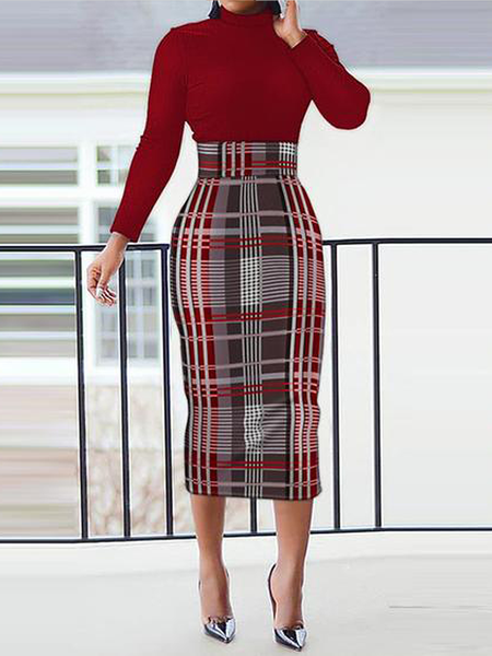 

High Elasticity Elegant Long sleeve Tight Long Plaid Dress, Wine red, Midi Dresses