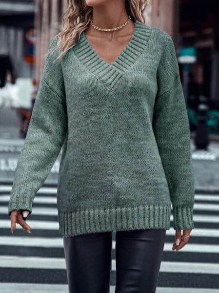 

Loose Yarn/Wool Yarn Casual V Neck Sweater, Green, Sweaters