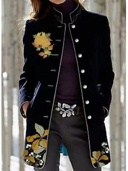 

Stand Collar Loose Casual Floral Overcoat, Black, Outerwear