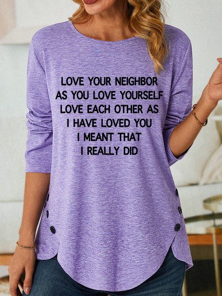 

Lilicloth X Herbert Love Your Neighbor Womens Long Sleeve T-Shirt, Purple, Long sleeves