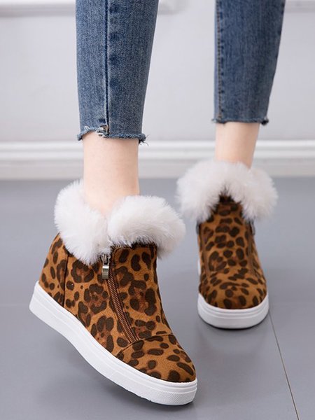 

Plus Size Warm Fur Lined Hidden Wedge Ankle Boots, Leopard, Women Shoes