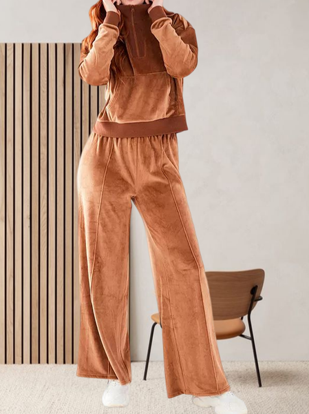

Velvet Plain Casual Two-Piece Set, Coffee, Suit Set