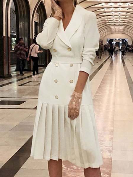 

Plain Urban Lapel Collar Regular Fit Long sleeve Dress, Off white, Midi Dresses
