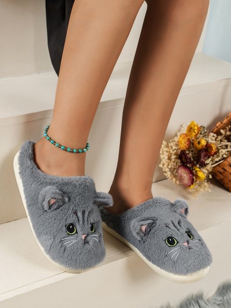

Cartoon Cat Design Embroidered Fuzzy Novelty Slippers, Gray, Slippers