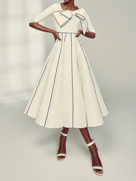 

Crew Neck Elegant Color Block Short sleeve Regular Fit Long Party Dress, Black-white, Maxi Dresses