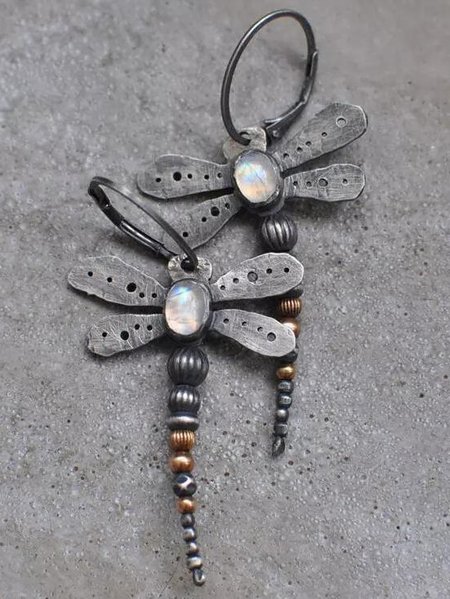 

Vintage Silver Distressed Dragonfly Opal Moonstone Earrings Bohemian Ethnic Jewelry, Earrings