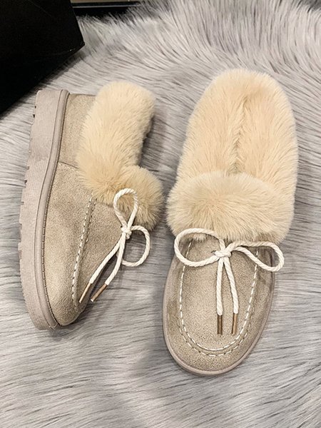 

Plush Warm Snow Boots Bow Flats, Off white, Women Shoes
