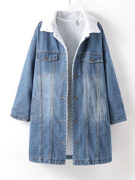 

Loose Casual Plain Buttoned Denim Jacket, Blue, Coats