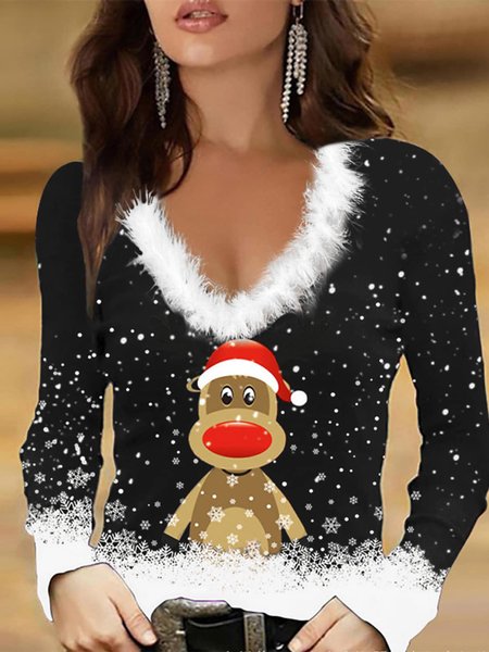 

Christmas Feather-Trimmed Casual Regular Fit T-Shirt, Black, Tops