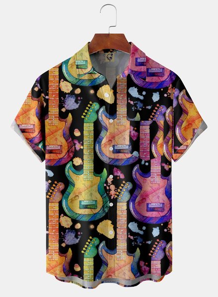 

Guitar Chest Pocket Short Sleeve Casual Shirt, Black, Men Shirts