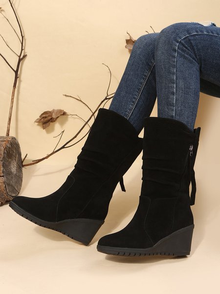 

Plus Size Casual Side Zip Faux Suede Wedge Boots, Black, Boots