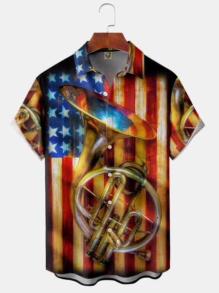 

French Horn Chest Pocket Short Sleeve Casual Shirt, Yellow, Men Shirts