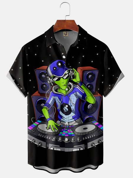 

DJ Alien Chest Pocket Short Sleeve Casual Shirt, Black, Men Shirts