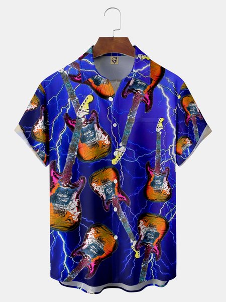 

Music Guitar Chest Pocket Short Sleeve Shirt, Purple, Short Sleeve Shirts