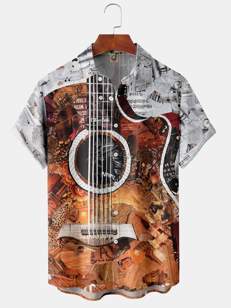 

Guitar Chest Pocket Short Sleeve Casual Shirt, Light brown, Men Shirts