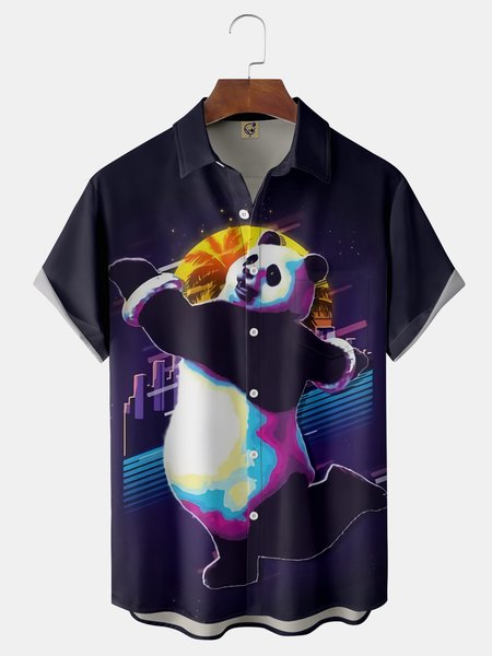 

Panda Chest Pocket Short Sleeve Shirt, Purple, Men Shirts